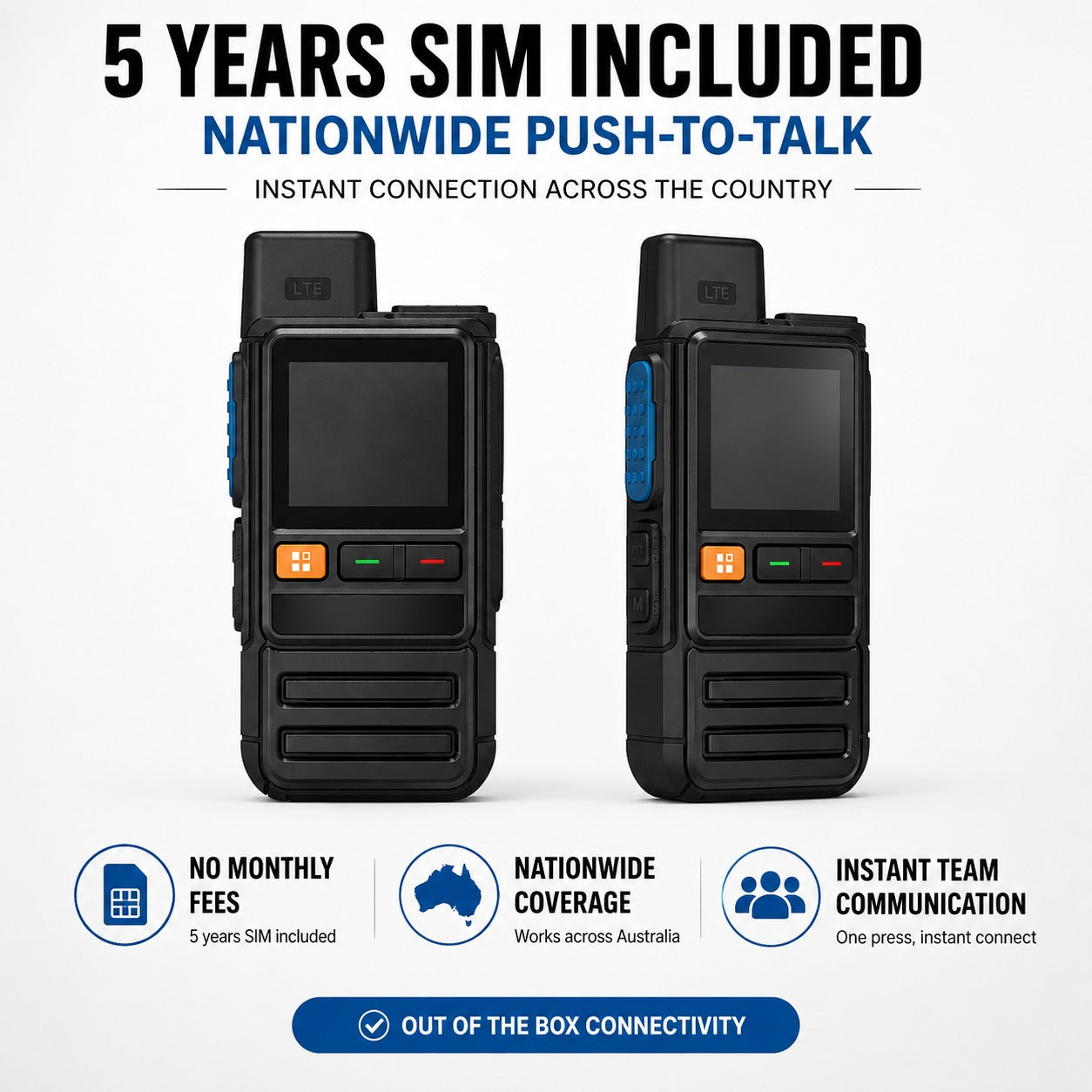 4G walkie talkie with 5 years SIM included for nationwide push-to-talk communication across Australia