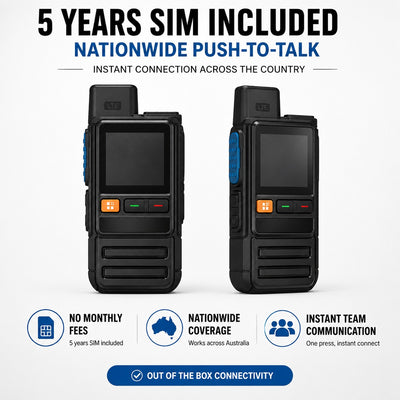 4G walkie talkie with 5 years SIM included for nationwide push-to-talk communication across Australia