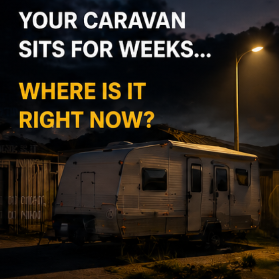 Caravan parked at night with GPS tracking solution showing location visibility for unattended trailer