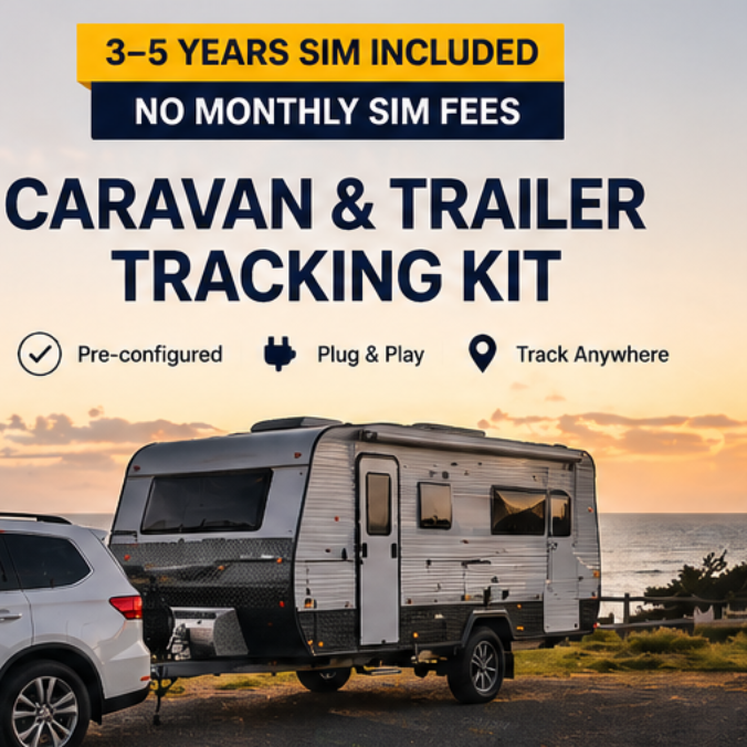 Caravan and trailer GPS tracking kit with 3–5 years SIM included and no monthly fees parked near campsite