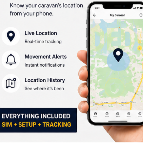 GPS tracker app showing live location alerts and tracking features for caravan and trailer monitoring
